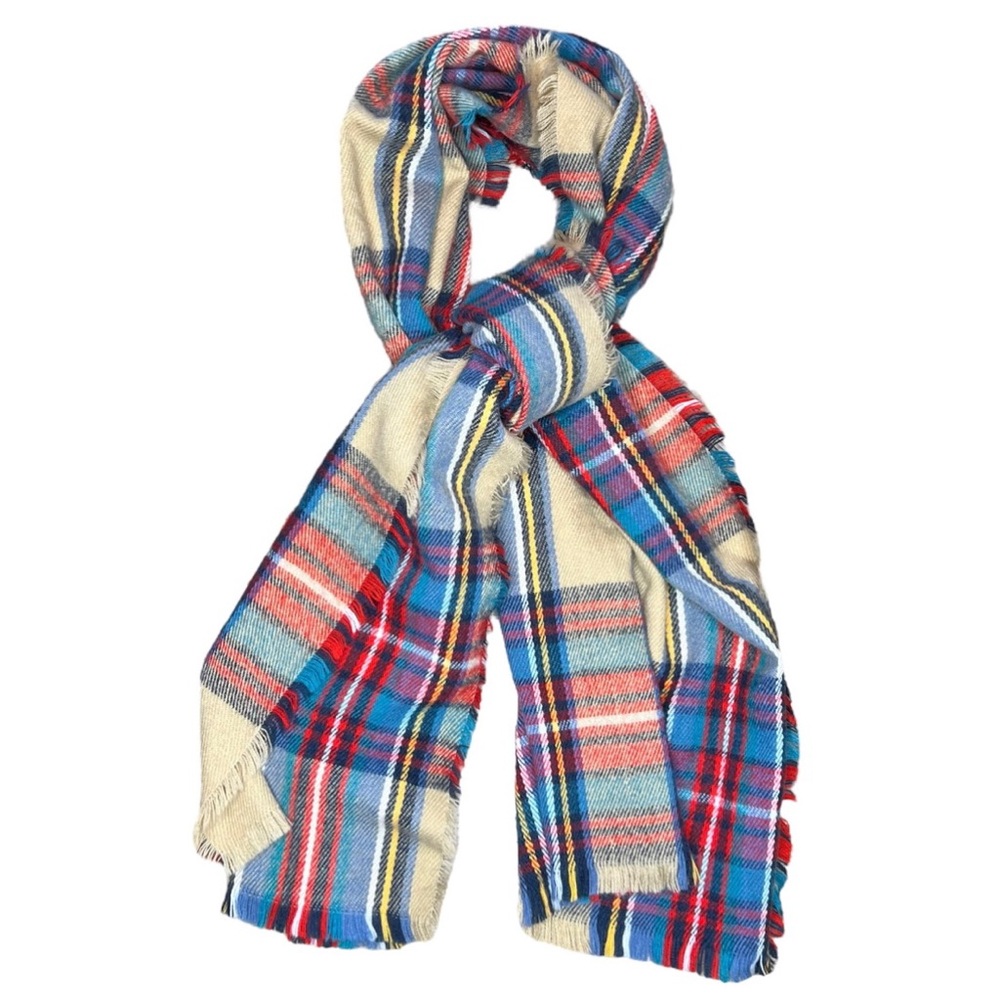 Women’s Multicolor Plaid Fall/Winter Blanket Scarf with Frayed Edges